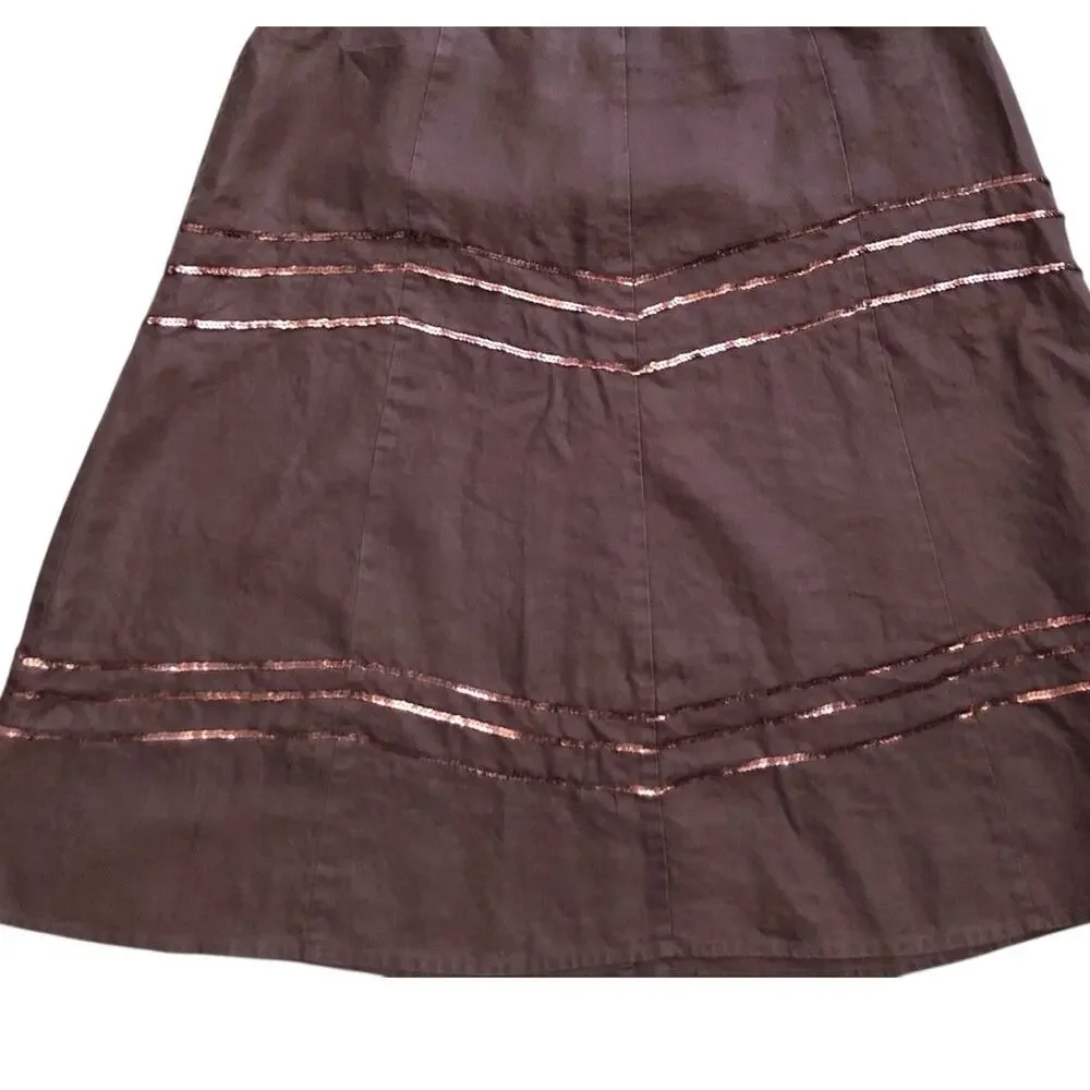 Style & Co Linen Skirt Womens Size 16 Brown A-Line Metallic Sequin Side Zip